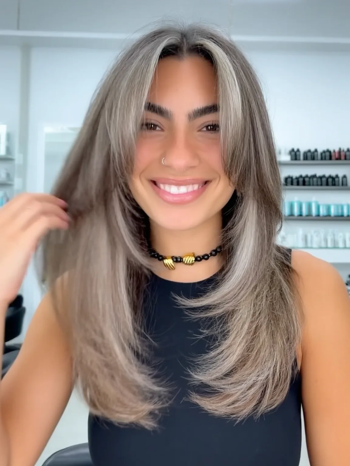 Silver Frosted Long Layers with Curtain Bangs